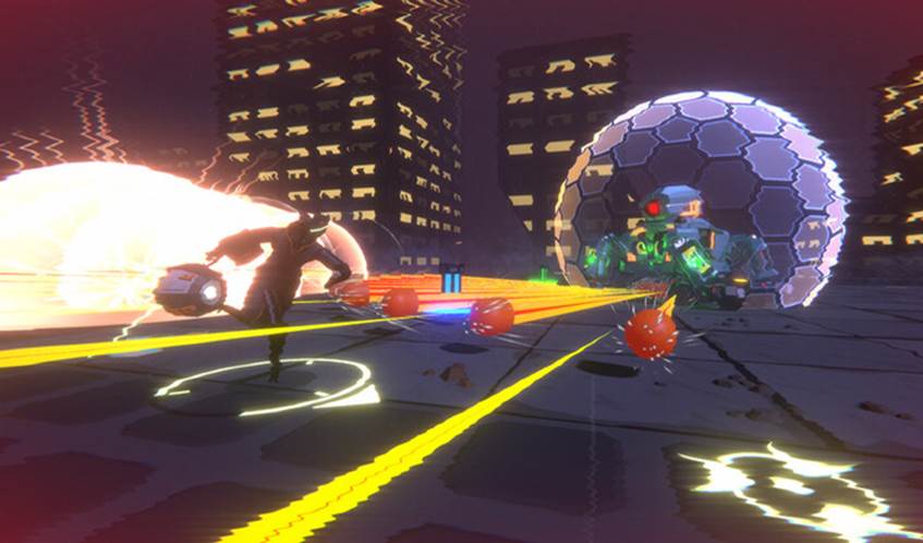 A computer generated image of a game shows a man in a cityscape running towards a glass globe.