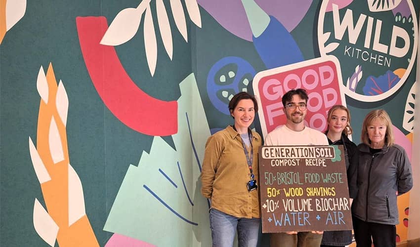 Four people stood against a bright mural wall with a large logo saying 'Wild Kitchen'. One person is holding a sign that says 'Generation Soil Compost Recipe' 