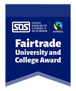 Logo in dark blue with white text 'Fairtrade University and College award' 