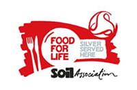 Logo with white background and red text saying 'Food for life silver served here'