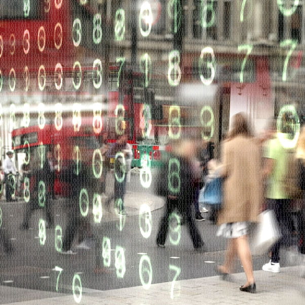 People walking on a street with data layered over the top.