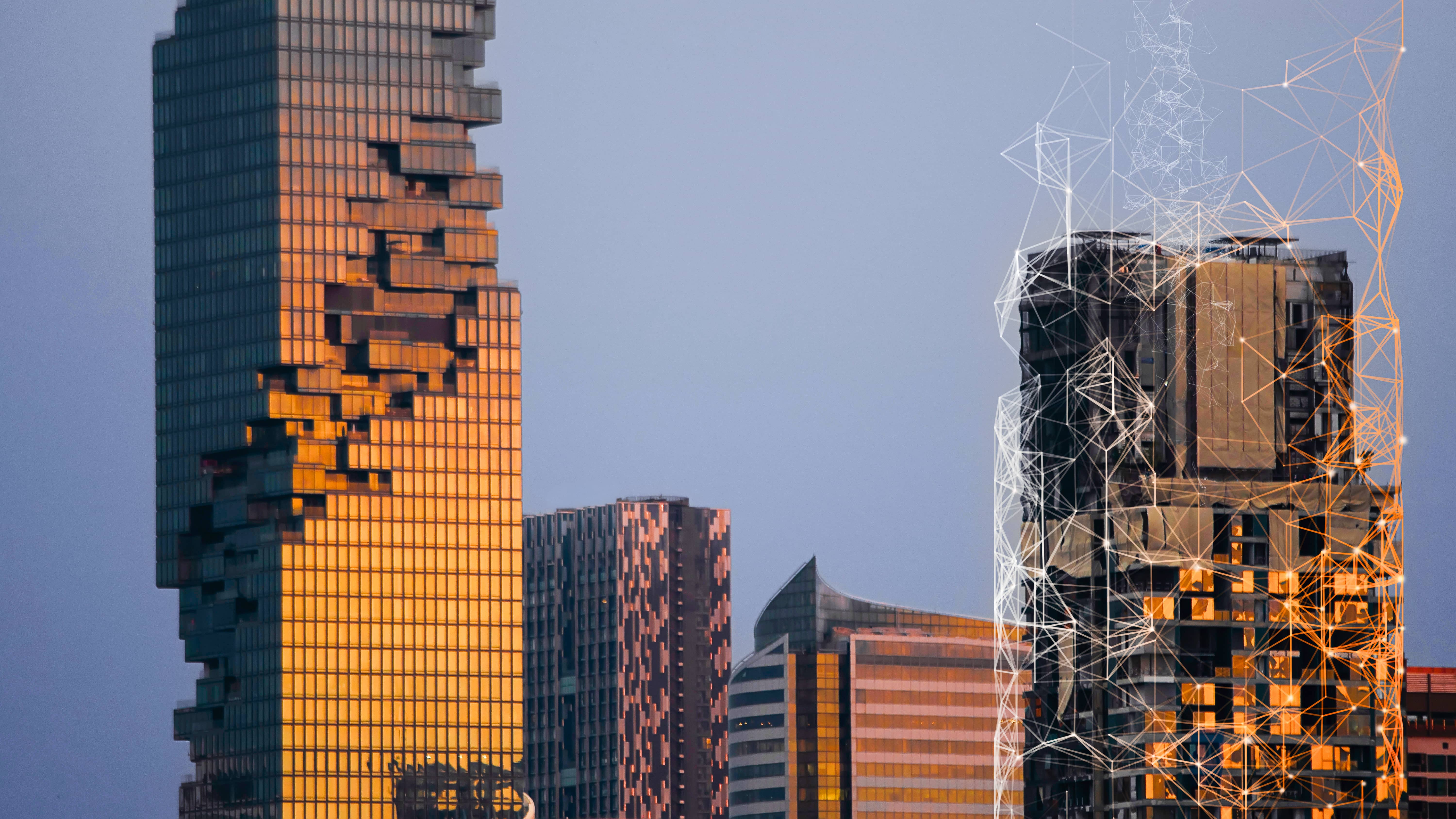 Future construction industry and Internet of Things concept with modern skyscapers.