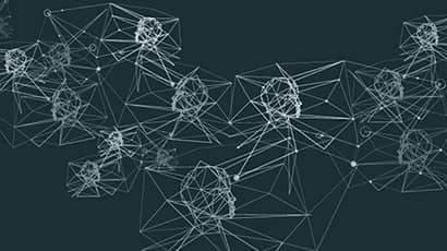 Abstract image featuring heads drawn with white lines against a dark teal background.