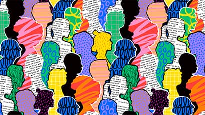 Colourful diverse crowd of people in an abstract art seamless pattern. 