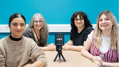 Photo of the Centre for Appearance podcast team, left to right: Dr Nadia Craddock, Sharon Haywood, Dr Maia Thornton, and Abbi Mathews.
