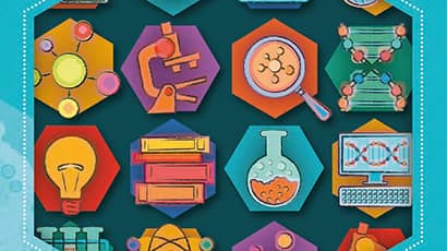 A teal hexagonal image of various items such ass beaker, magnifying glass, light bulb, test tubes , microscope and more against a light blue background.