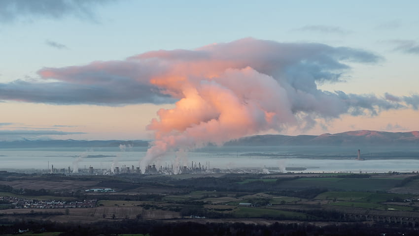 Panoramic view of the sea depicting air pollution in Scotland.