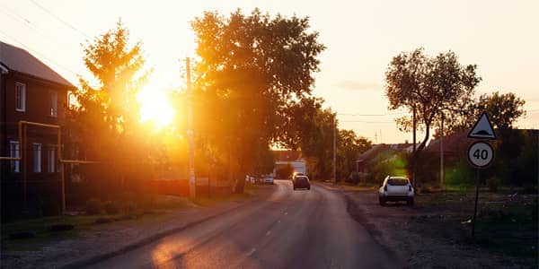 Evening sunset on a town road.