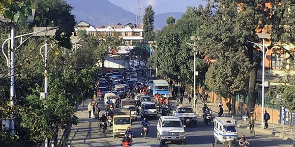 Multi-lane road showing heavy traffic in Nepal.