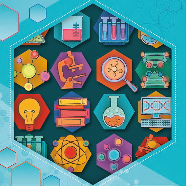 A teal hexagonal image of various items such ass beaker, magnifying glass, light bulb, test tubes , microscope and more against a light blue background.