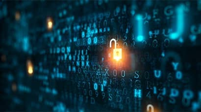 Abstract of cyber security and privacy with an illuminated unlocked padlock.