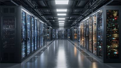 Data centre server room with black racks, blue LEDs, organised cables and volumetric lighting.