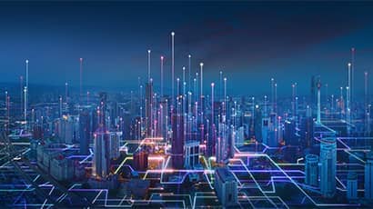 3D rendering of a smart city with abstract lines and dots that connect with gradient lines.