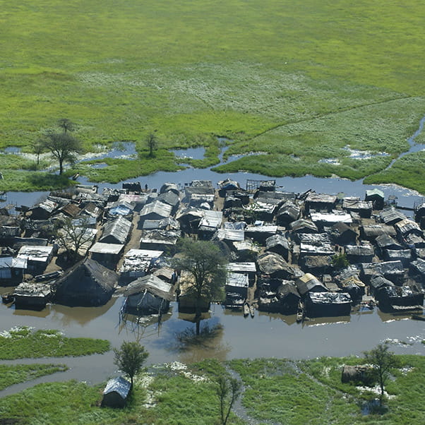 Aerial shot of a flooded village