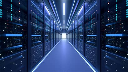 Working data centre full of rack servers and super computers.with neon lights.