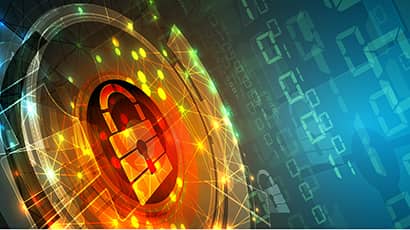Technology security concept with a security padlock against a digital background.