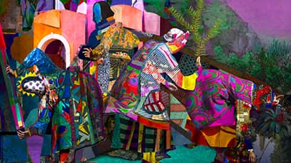 Colourful abstract image of two women.
