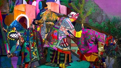 Colourful abstract image of two women.