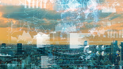 Image of a city skyline in teal tones with overlapping statistics diagrams in white against an orange toned sky.