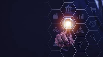 Visual screen display in hexagonal shapes with an index finger touching a lighted up central document icon.