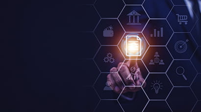 Visual screen display in hexagonal shapes with an index finger touching a lighted up central document icon.