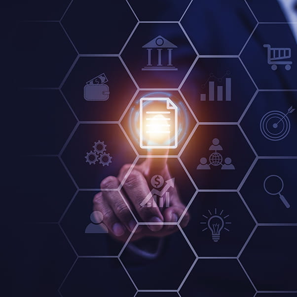 Visual screen display in hexagonal shapes with an index finger touching a lighted up central document icon.