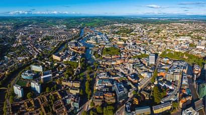 Aerial shot of Bristol City Centre on a sunny day.