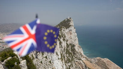 The EU and UK flags on the Gibraltar rock.