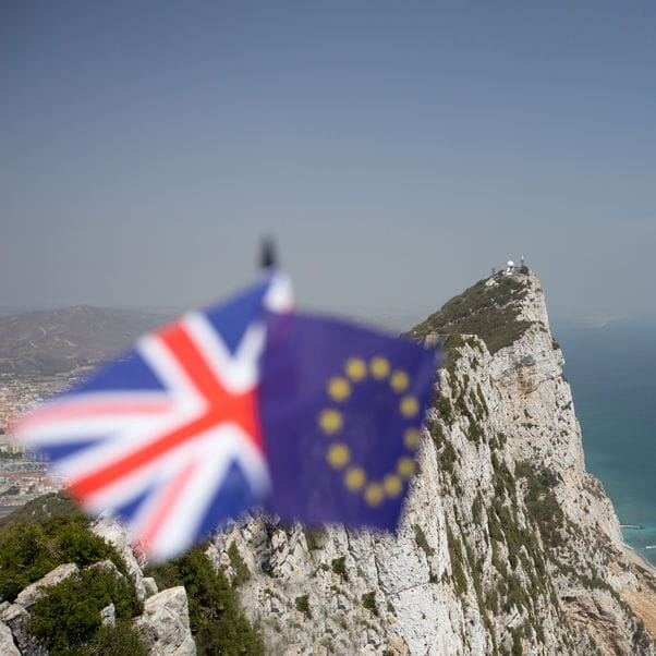 The EU and UK flags on the Gibraltar rock.