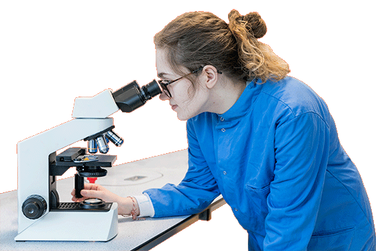 Biology student sat in a lab looking through a microscope.