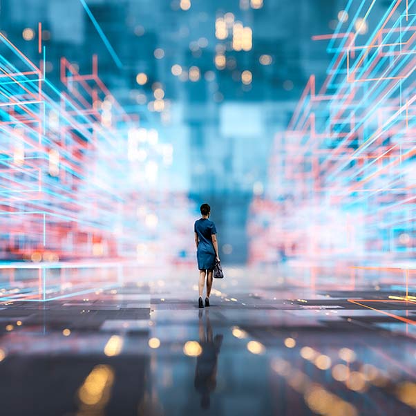 Person walking through virtual reality wireframe