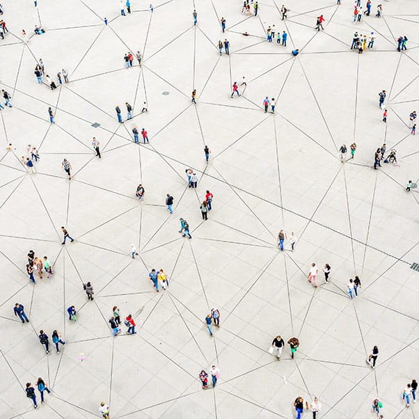 Aerial view of crowd connected by lines.