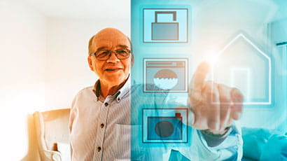 Older person pressing on a button on a screen.