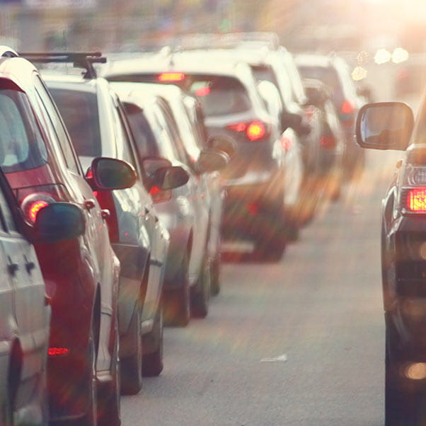 Traffic jam in the middle of a city.