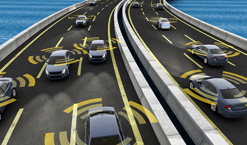 computer-generated image of cars on a motorway. each car is surrounded by a radius, meant to indicate sensors 