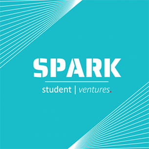 Graphic showing words 'Spark student ventures' in white on a turquoise background.