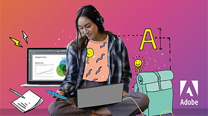 Student sitting cross-legged working on a laptop surrounded by colourful graphics and icons.