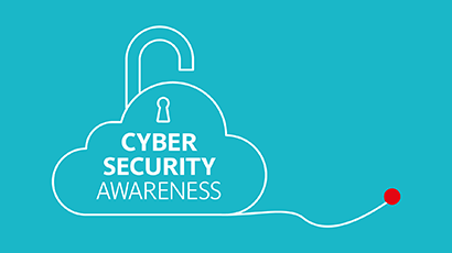 Cyber Security Awareness logo. An aqua background featuring a white outline of a cloud with a lock, with 'Cyber Security Awareness' written inside the cloud.