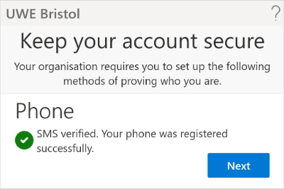 'Phone' screen confirming SMS verified