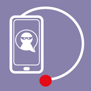 A purple background featuring a white outline of a phone, with a message being received from a masked person.