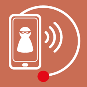 An orange background featuring a white outline of a phone, receiving a call from a masked person.
