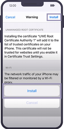 A screenshot of the 'Warning' screen, with both install buttons highlighted