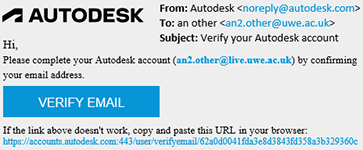 Example email from Autodesk, sent from 'noreply@autodesk.com' with the subject title 'Verify your Autodesk account'.