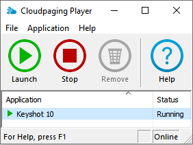 Cloudpaging Player displaying Keyshot as running