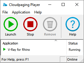 Cloudpaging Player displaying V-Ray for Rhino running