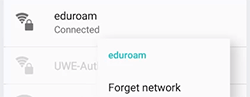 A screenshot showing the eduroam connection, with the 'Forget network' option displayed