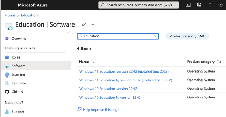 An image of Microsoft Azure with results once 'Software' and 'Education' have been selected