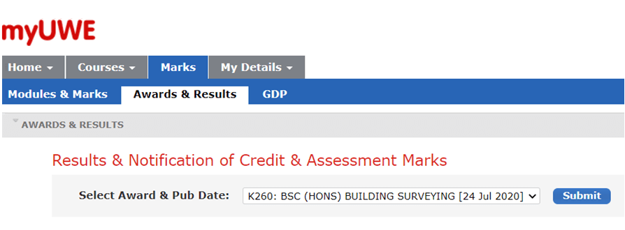 A screenshot with the 'Marks' and 'Awards & Results' tabs selected, displaying the 'Award & Pub Date' dropdown and 'Submit' button.