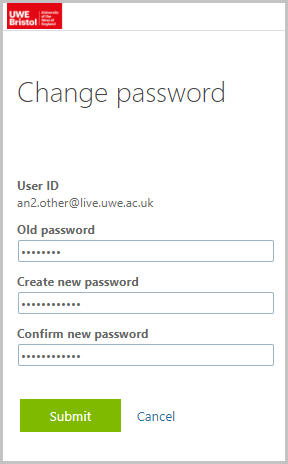 Screenshot of the 'Change password' window, displaying you User ID and password entry fields (old, create, and confirm)