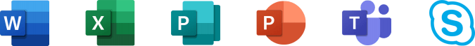 Software icons of Word, Excel, Publisher, PowerPoint, Teams and Skype.